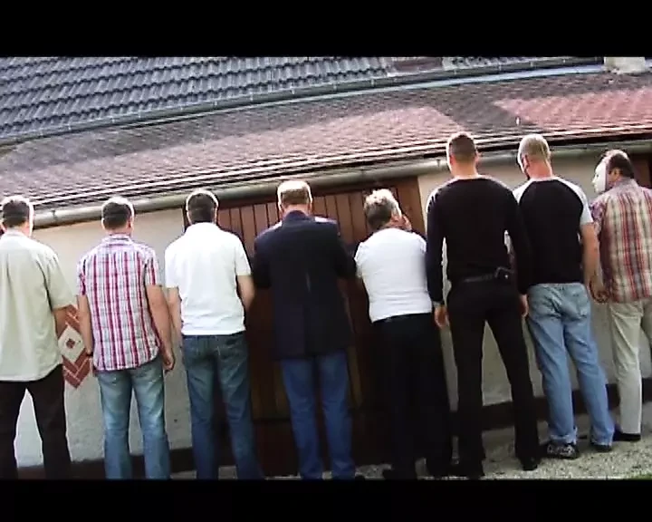 Nasty French blonde gets DPed and facialized in outdoor gangbang