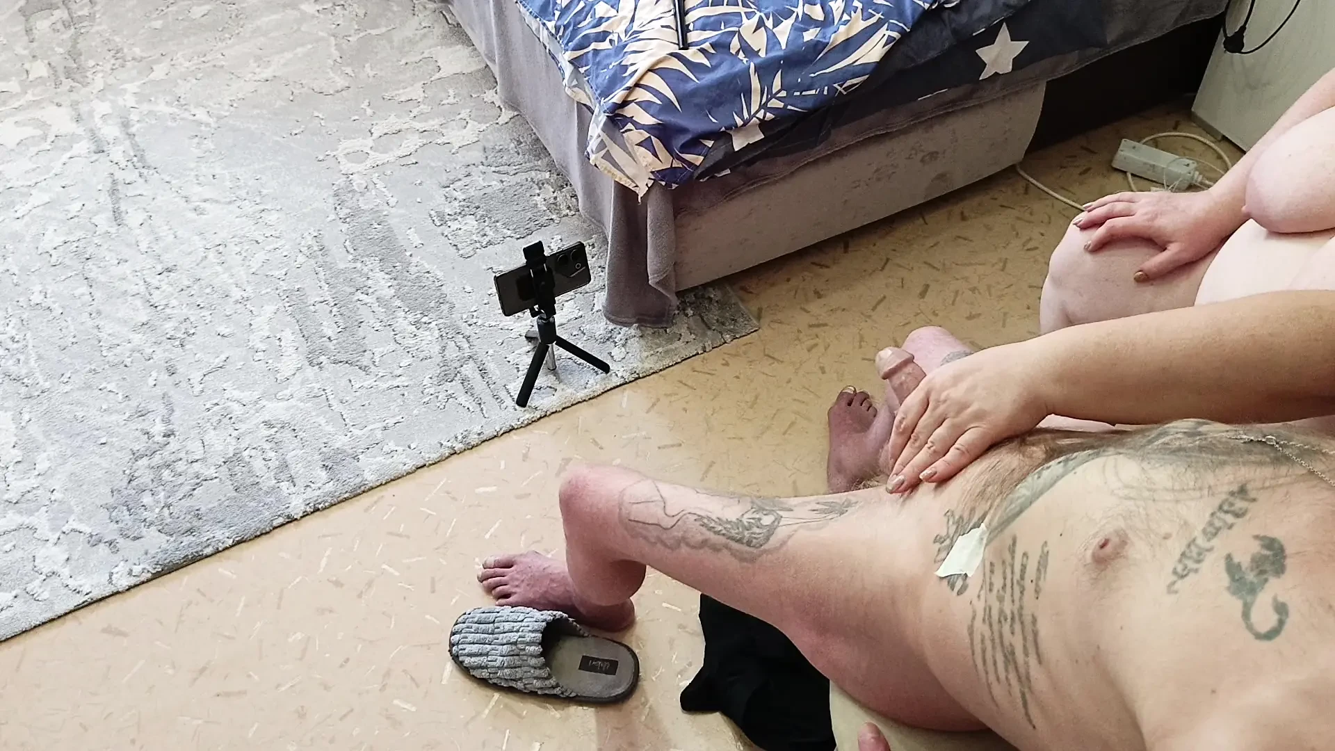 A neighbor with big tits came and jerked off and sucked my dick