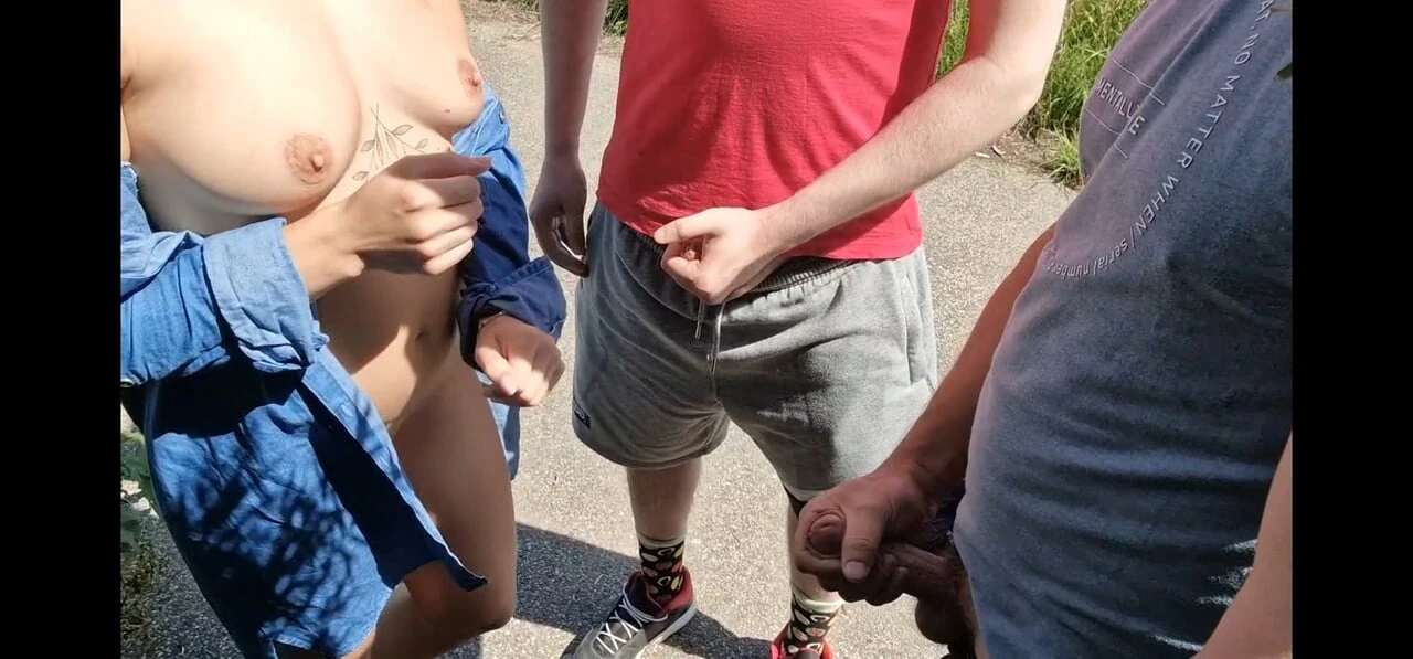 In the parking lot, two strangers masturbate and cum on their tits, handjob in public