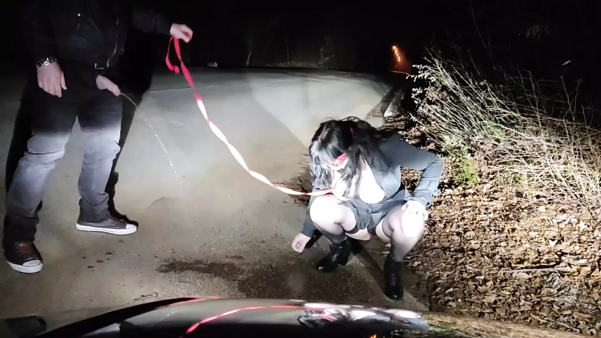 Piss Whore in dog collar receives golden shower and hot cum in her mouth in a public road interrupted by traffic