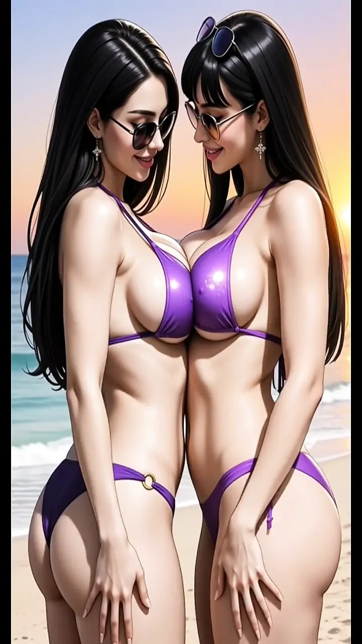hot lesbians Asian girls kiss on beach (Ai animation)
