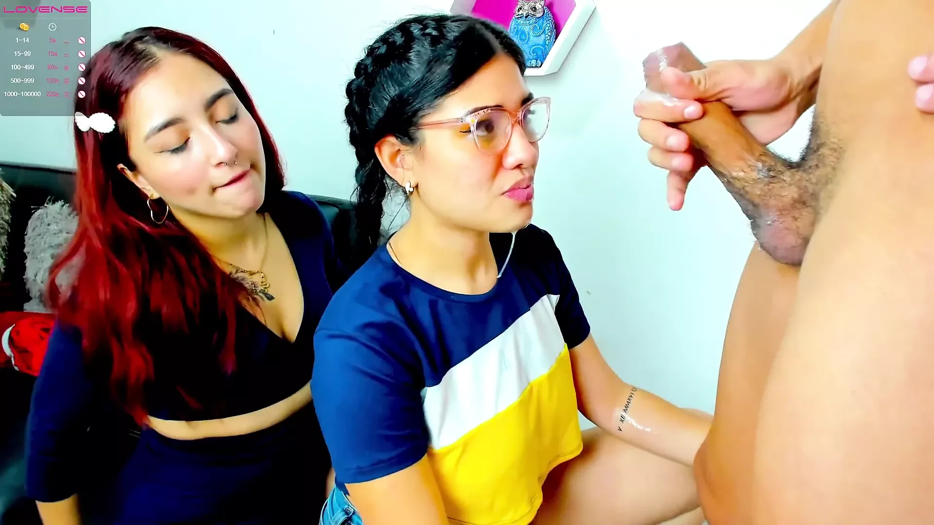 One Latina nibbles the cock while the other gets throated