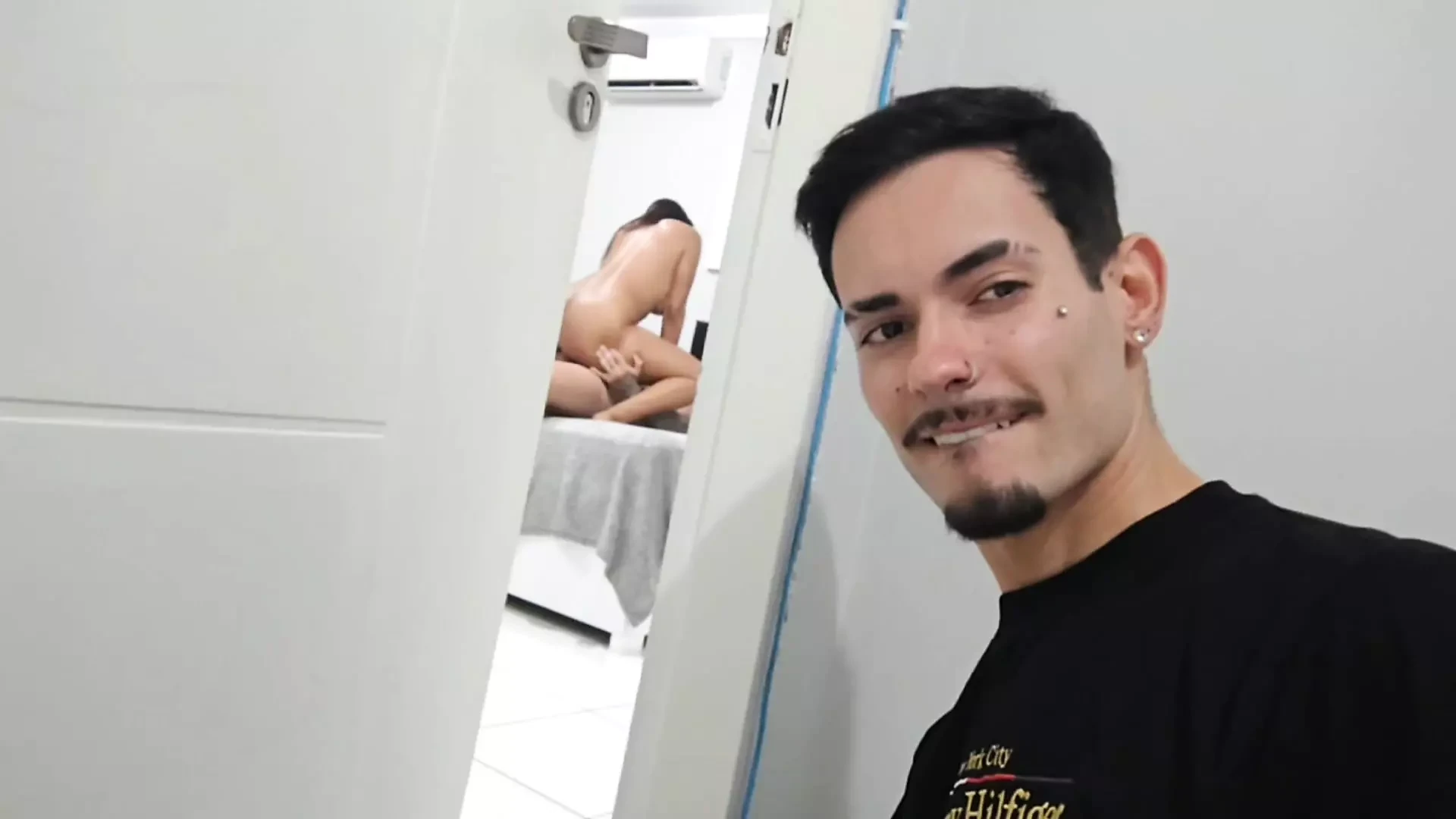 My husband’s friend came home, caught us having sex in the bedroom and then sat me hidden while the cuckold was in the shower.