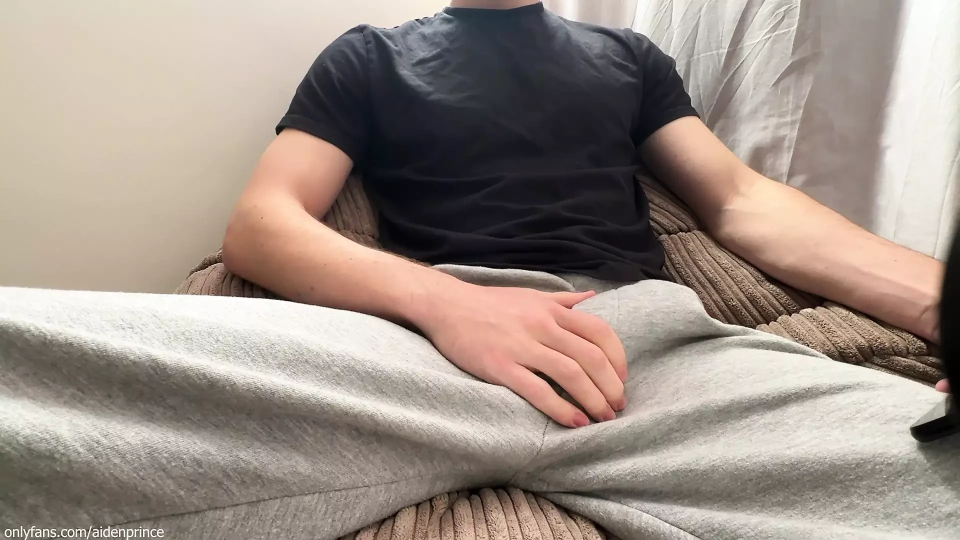 Horny Guy In Sweatpants Masturbates His Big Cock Until Moaning Cumshot