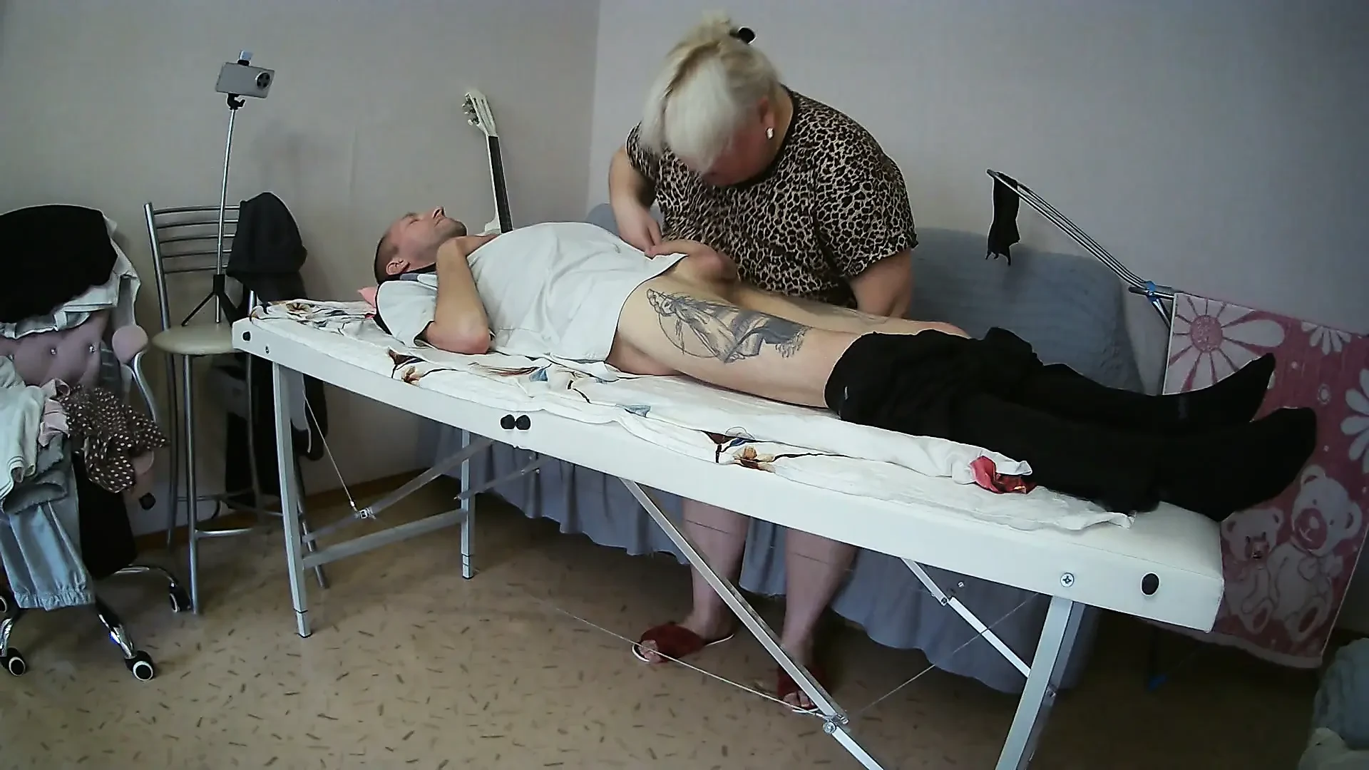 Mother-in-law sucks and jerks off my dick on the massage table and swallows cum