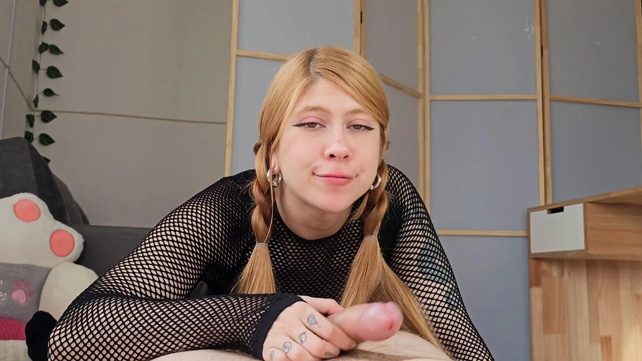 Hot redhead gothic girl with pigtails gets creampied after bouncing on a big white cock