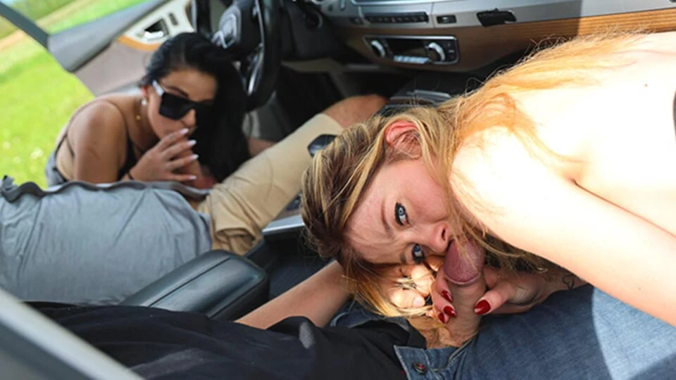 Brunette & blonde babes sloppy blowjobs, pounded doggy outdoors at Swhores