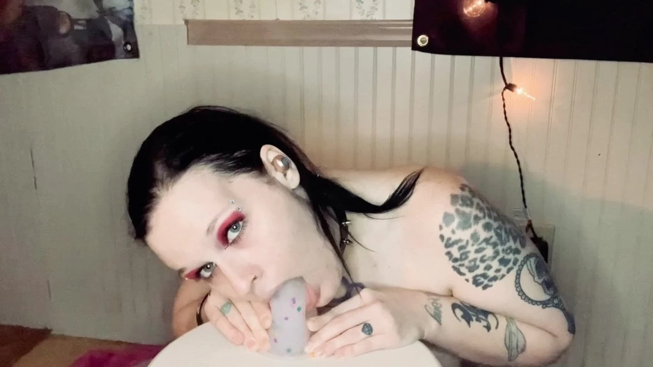 Slut GothBunny gagging on her dildo
