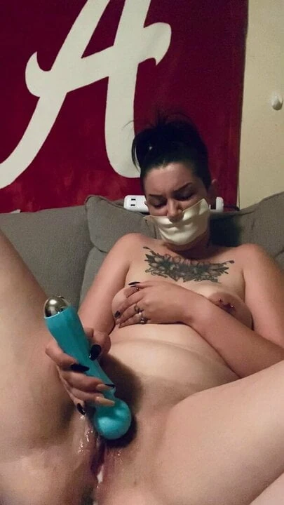 Tape gagged goth babe use wand and squirts! Big orgasm!