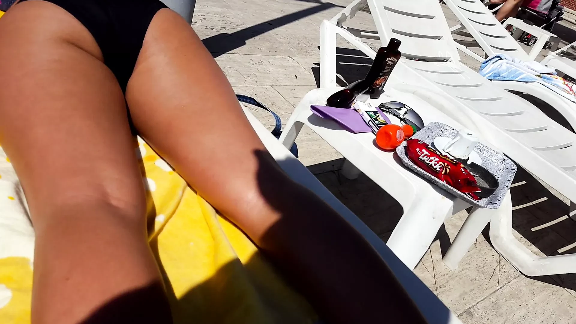 Gf opens legs shows pussy lines, ass at pool, bikini slip