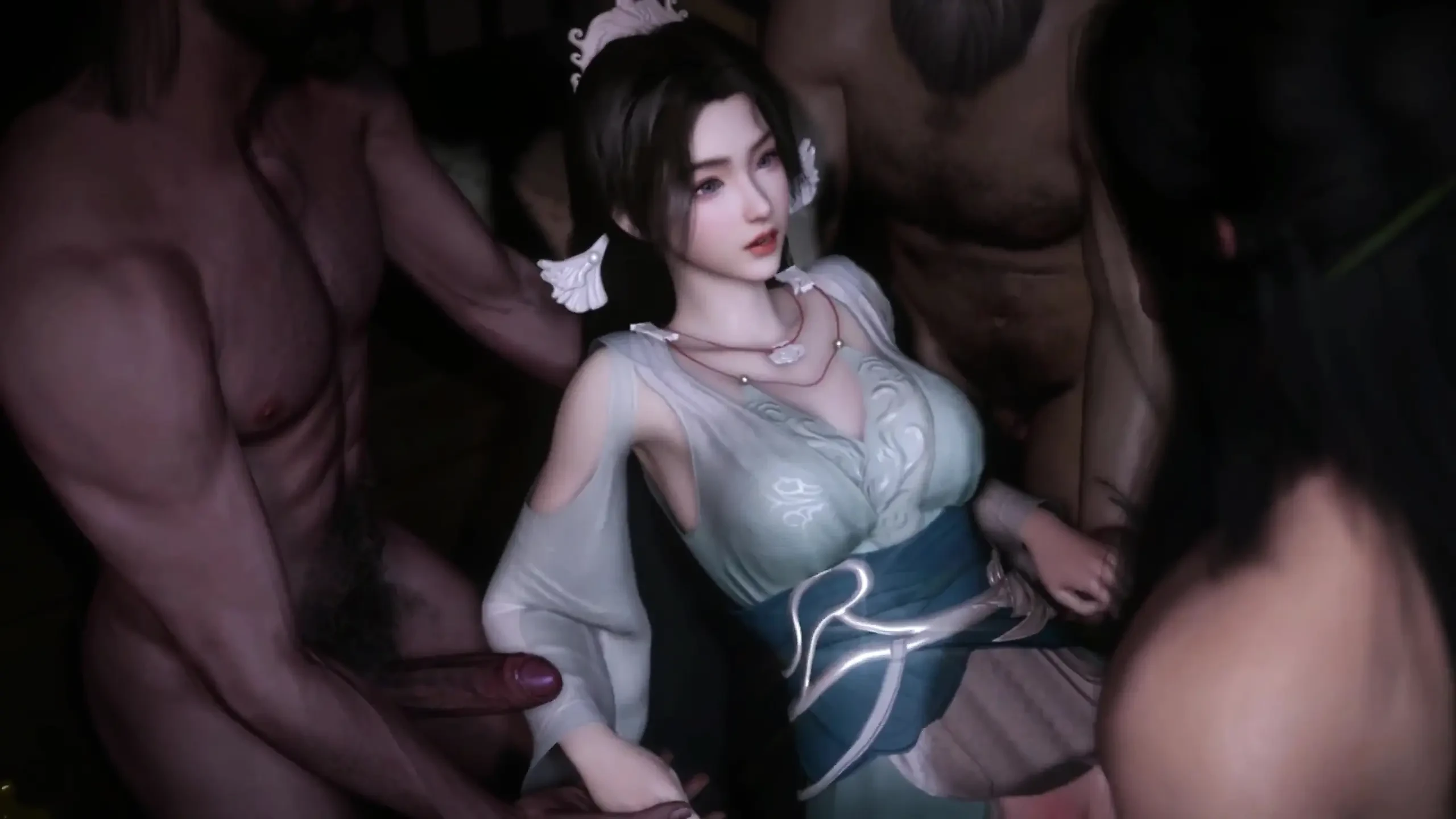 3D Big Boobs Cosplay Model Have Her First Time Gangbang Sex