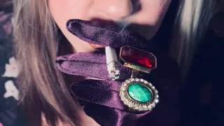 BBW Smoker Tina Snua Wears Purple Satin Gloves & Jewellery & Tip To Tail 2 Cigarettes – Domme Smoking BBW OMI OME