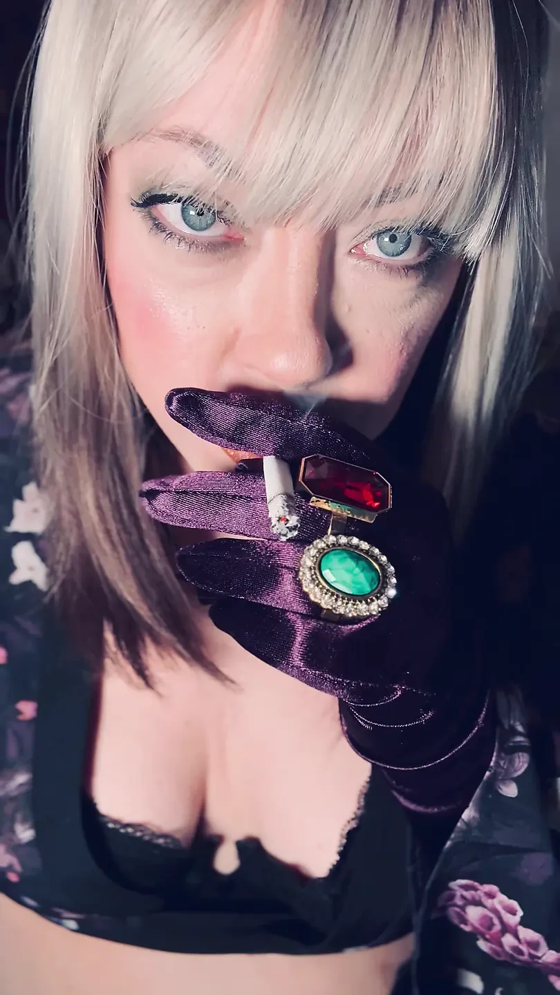 BBW Smoker Tina Snua Wears Purple Satin Gloves & Jewellery & Tip To Tail 2 Cigarettes – Domme Smoking BBW OMI OME