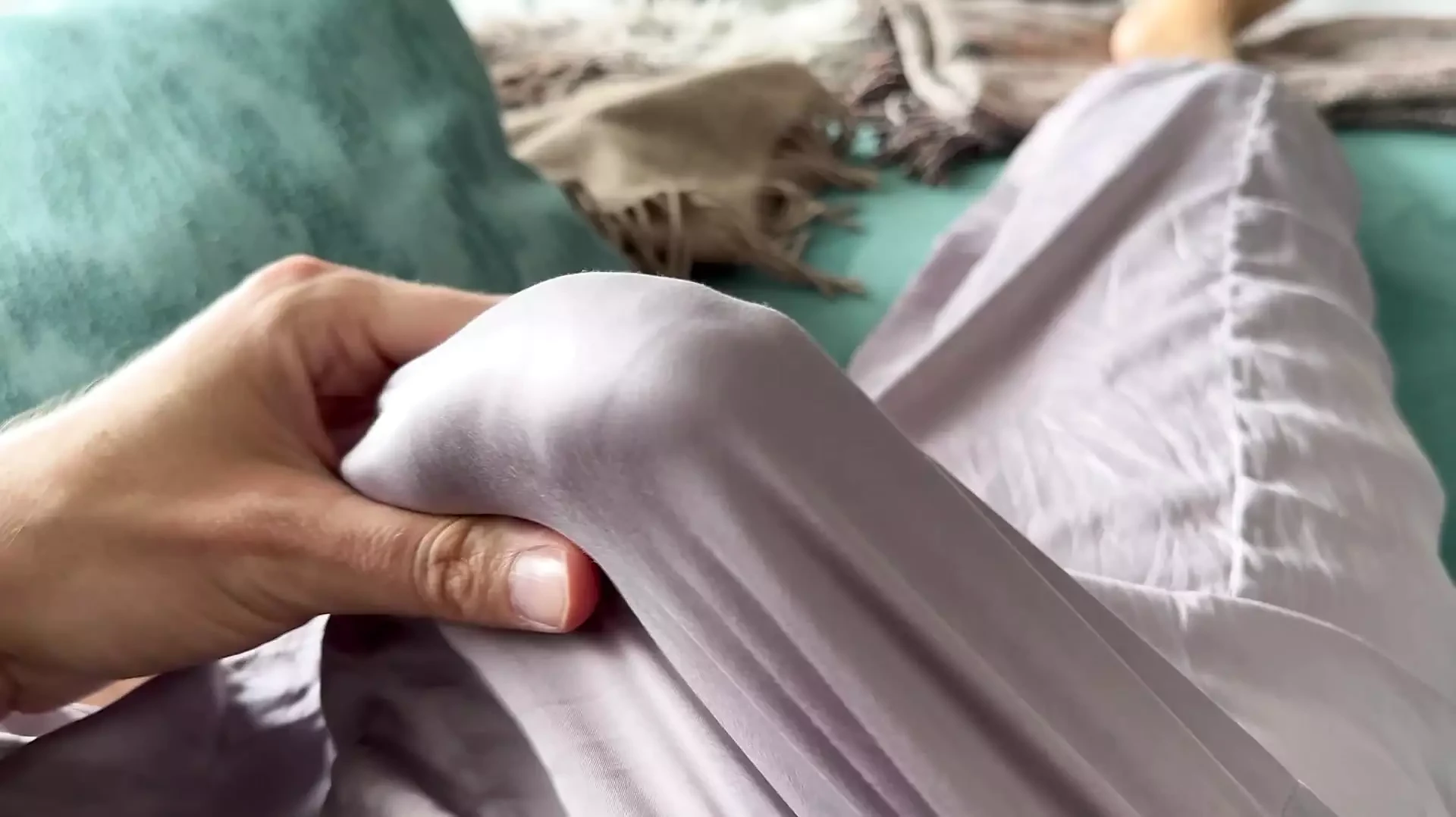 My neighbour watches me cum with my big uncut cock in silk pyjamas