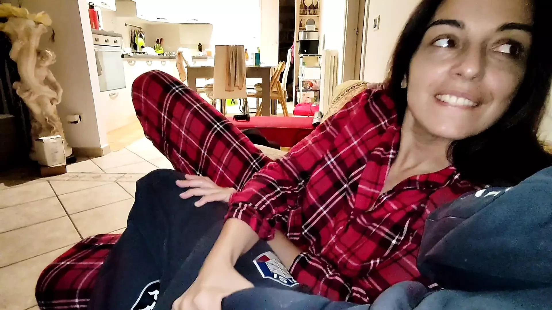 Wife in pajamas fucks a friend in silence while her husband sleeps in the room