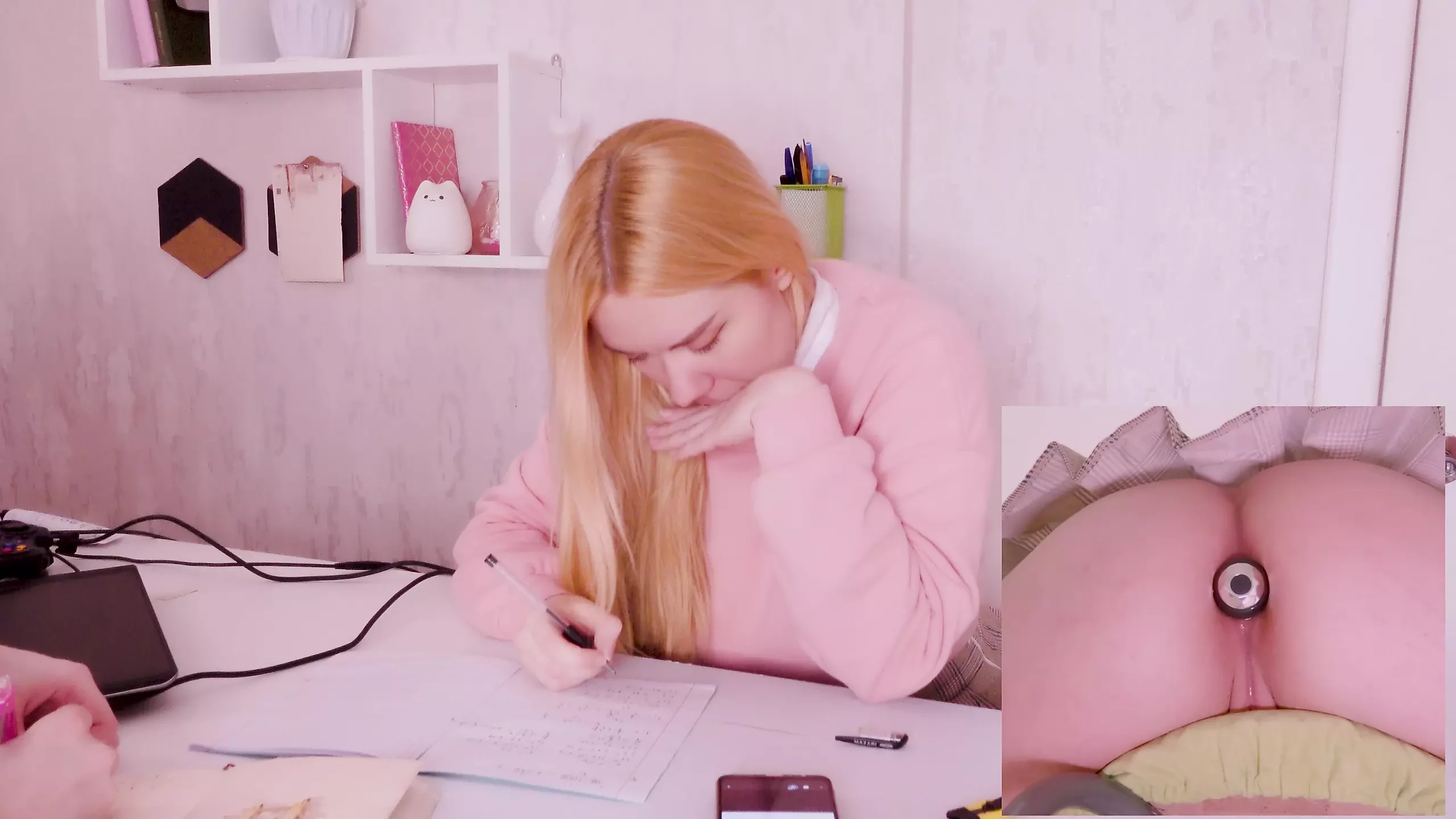 Helping my stepsister with homework but she’s too distracted with vibro plug in her ass!