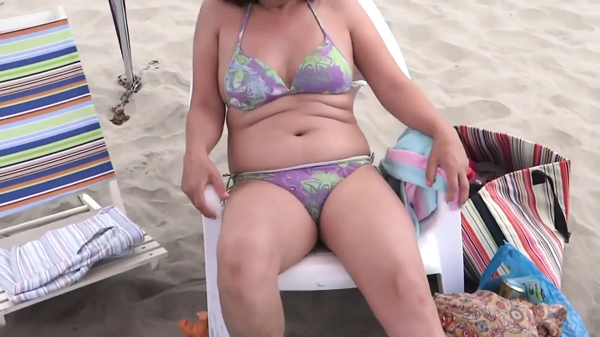 Latina Wife Enjoys Sex on the Beach, Shows off in Bikini, Masturbates, Cum on Her Tits and Hairy Pus