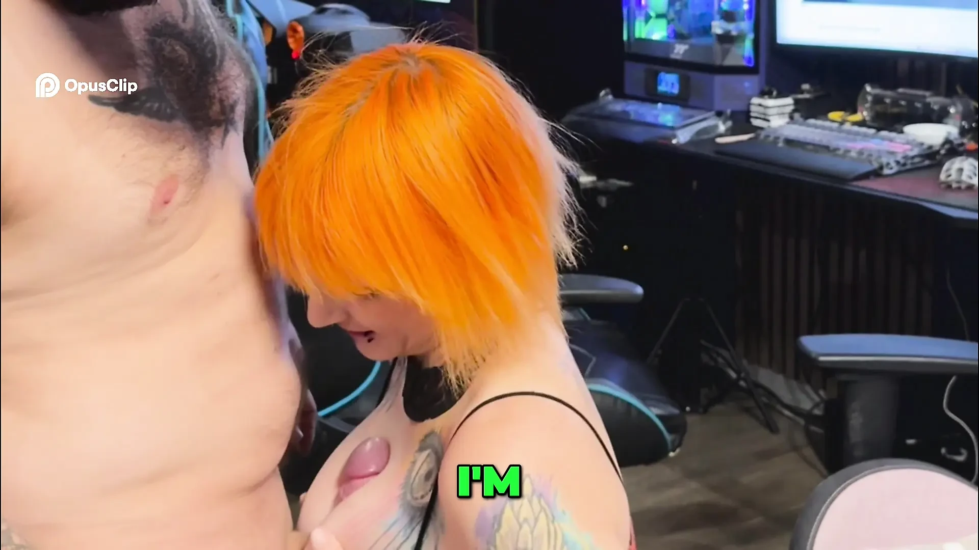 Today as a redhead I suck her big cock in a fishnet stocking mini skirt